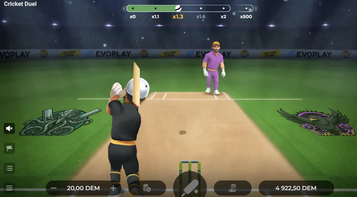 Cricket Duels betting panel showing bet amount selection