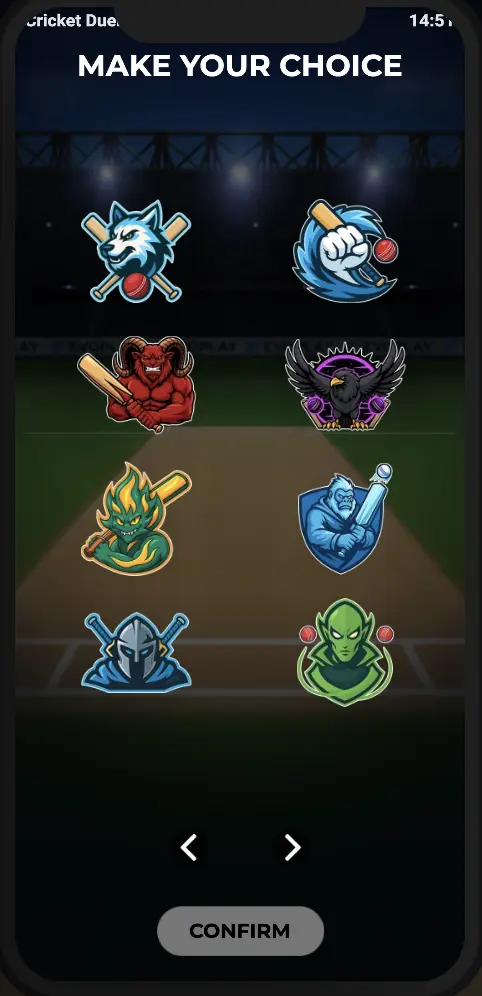 Cricket Duels mobile interface showing game on smartphone