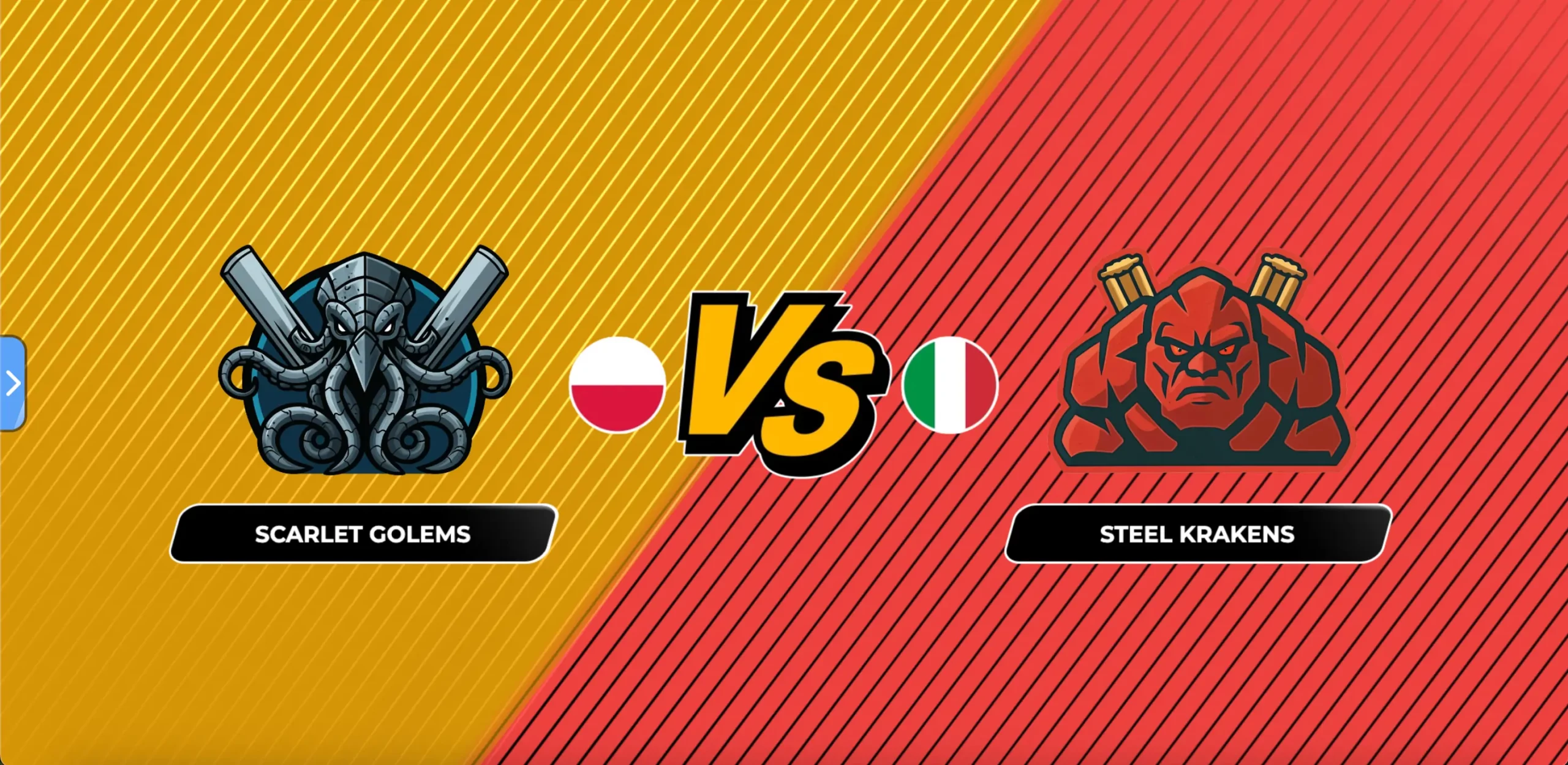 Cricket Duels VS pop-up animation showing both teams with logos and flags